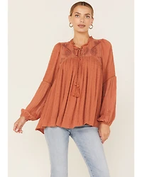Miss Me Women's Embroidered Long Sleeve Blouse