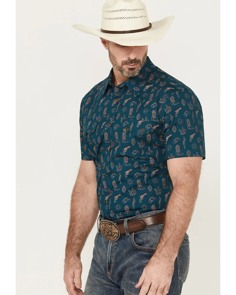 Rock & Roll Denim Men's Cowboy Print Short Sleeve Snap Stretch Western Shirt