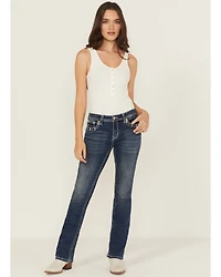 Grace LA Women's Medium Wash Diamond Embroidered Mid Rise Bootcut Stretch Denim Jeans