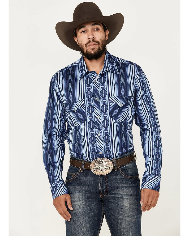 Rock & Roll Denim Men's Southwestern Striped Print Long Sleeve Snap Stretch Western Shirt