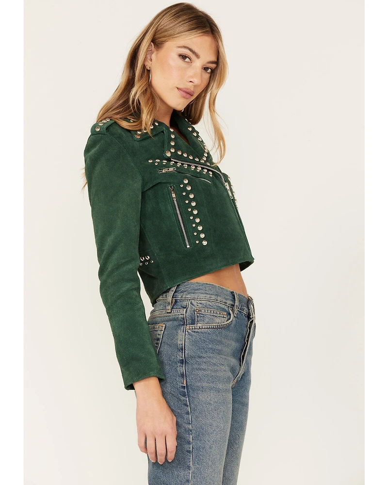 Understated Leather Women's Runway Studded Suede Moto Jacket