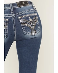 Miss Me Women's Dark Wash Mid Rise Embroidered Pocket 34" Bootcut Stretch Denim Jeans