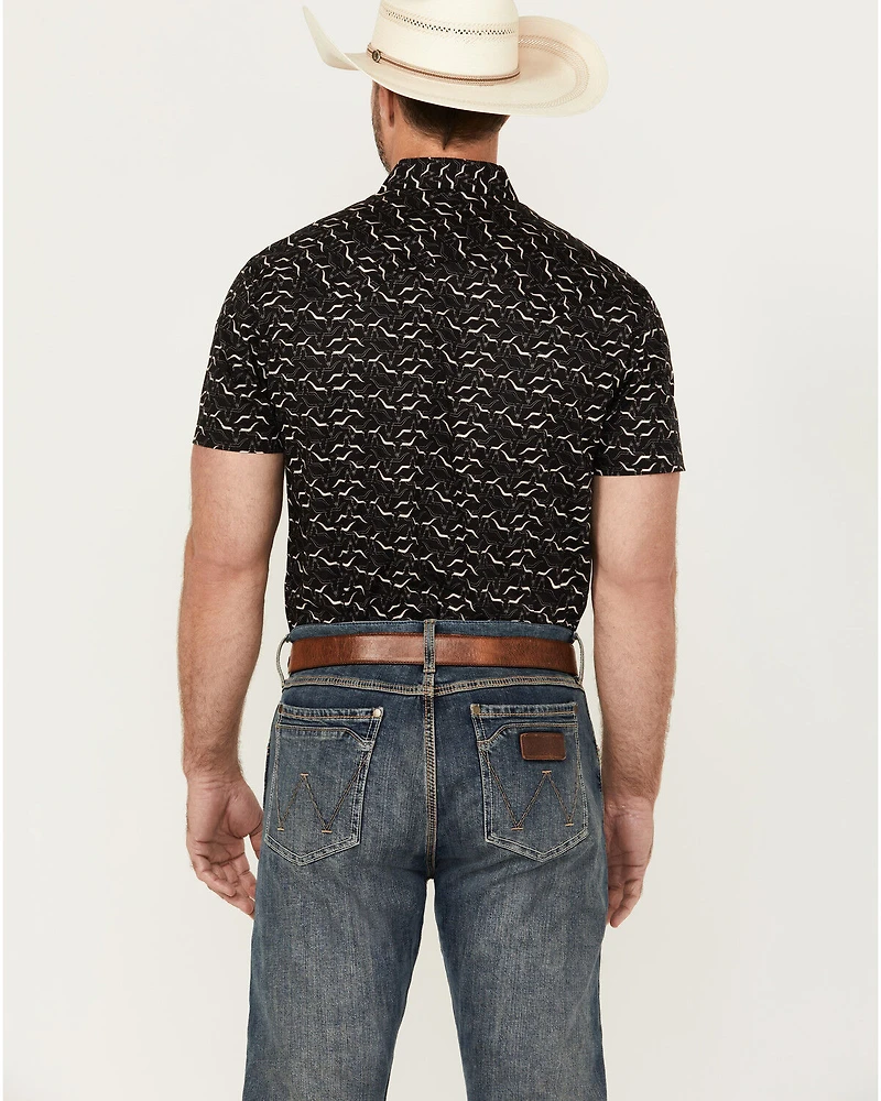 Rock & Roll Denim Men's Longhorn Print Short Sleeve Pearl Snap Stretch Western Shirt