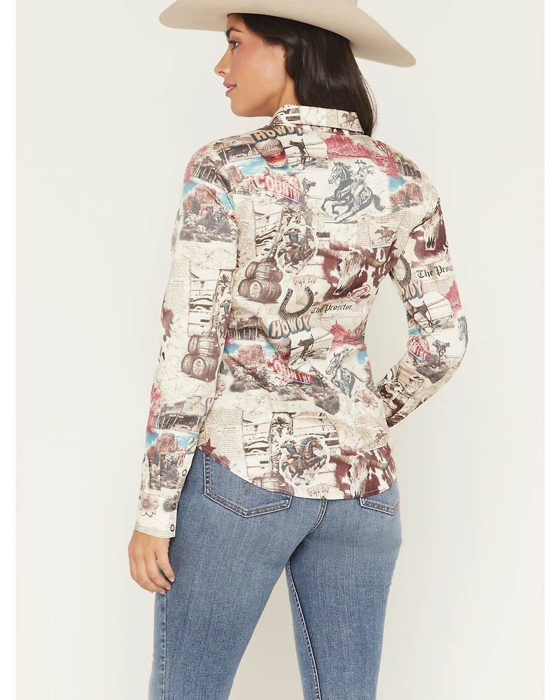 Shyanne Women's Spiritdance Conversational Print Long Sleeve Snap Stretch Western Shirt