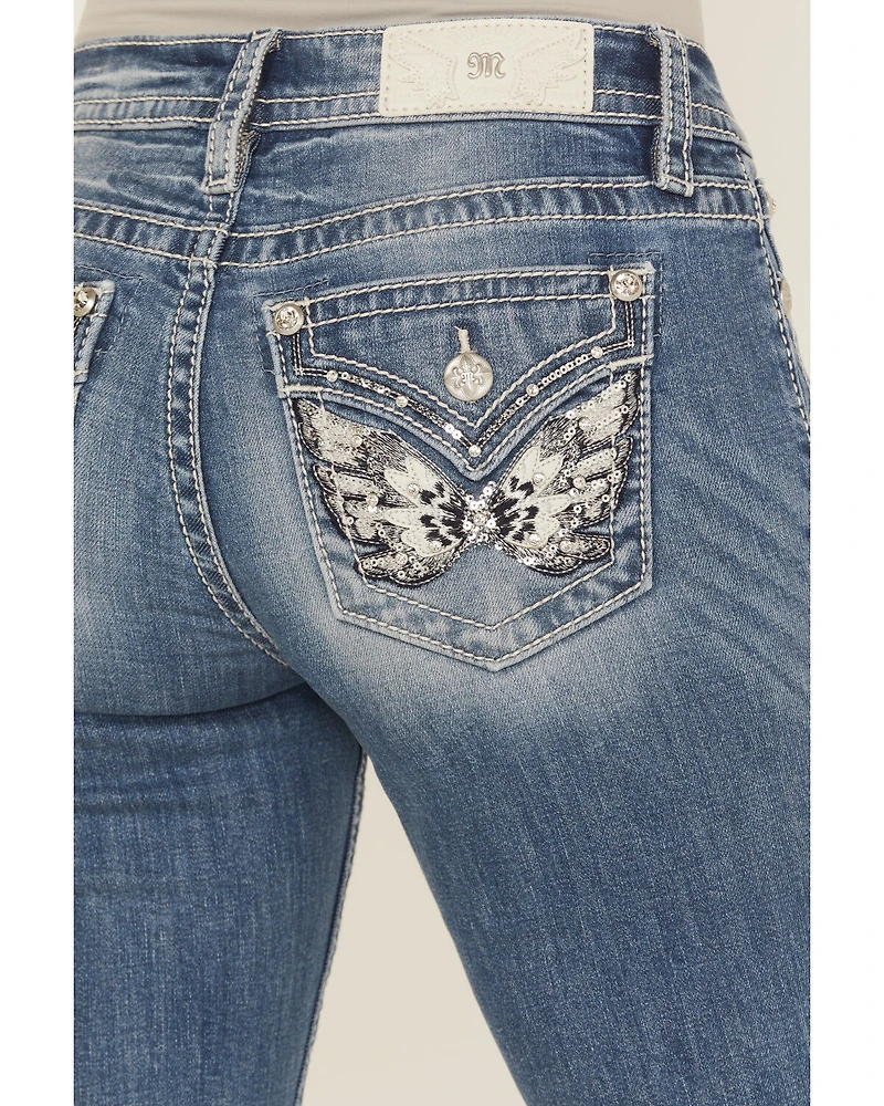 Miss Me Women's Medium Wash Mid Rise Butterfly Pocket 34" Bootcut Stretch Denim Jeans