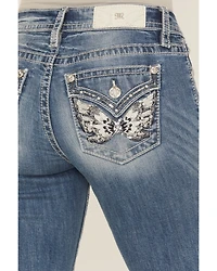 Miss Me Women's Medium Wash Mid Rise Butterfly Pocket 34" Bootcut Stretch Denim Jeans
