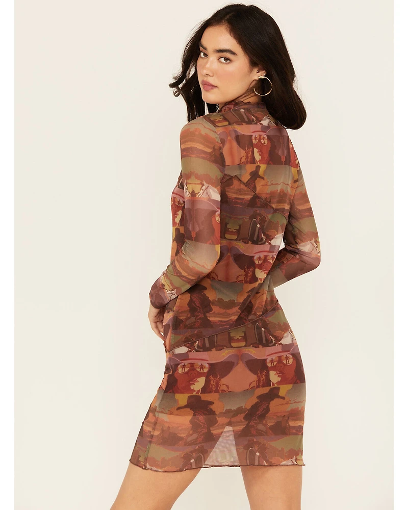 Rock & Roll Denim Women's Boot Barn Exclusive Mesh Desert Print Long Sleeve Mini Dress