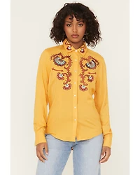 Panhandle Women's Retro Rhinestone Embroidered Long Sleeve Snap Western Shirt