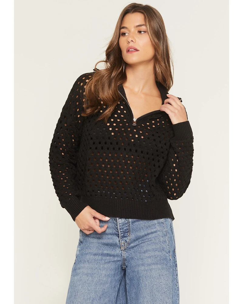 Elan Women's Crochet Half Zip Long Sleeve Sweater