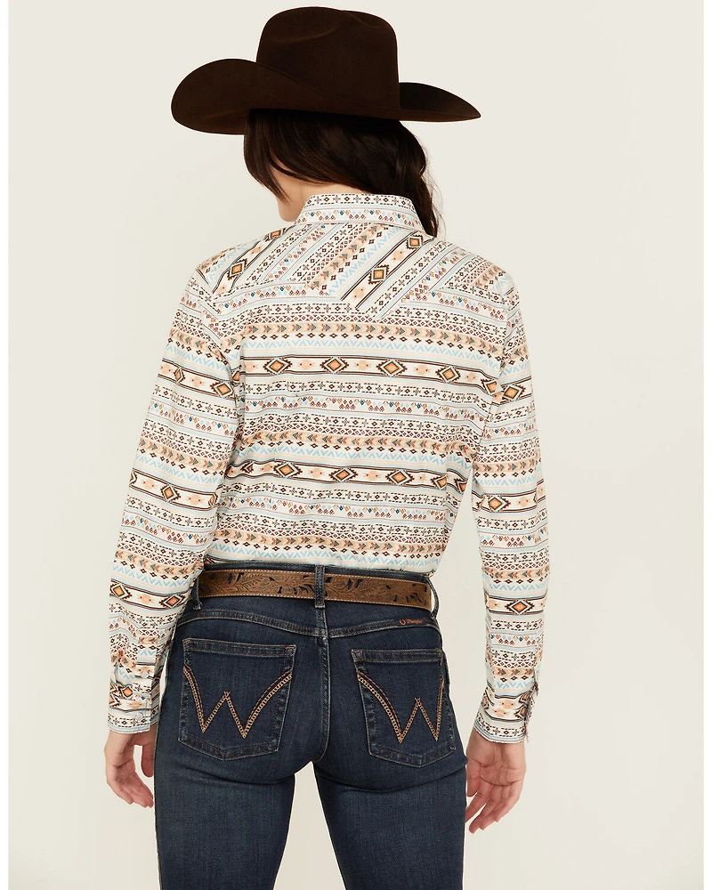 Rough Stock by Panhandle Women's Southwestern Striped Long Sleeve Pearl Snap Stretch Western Shirt