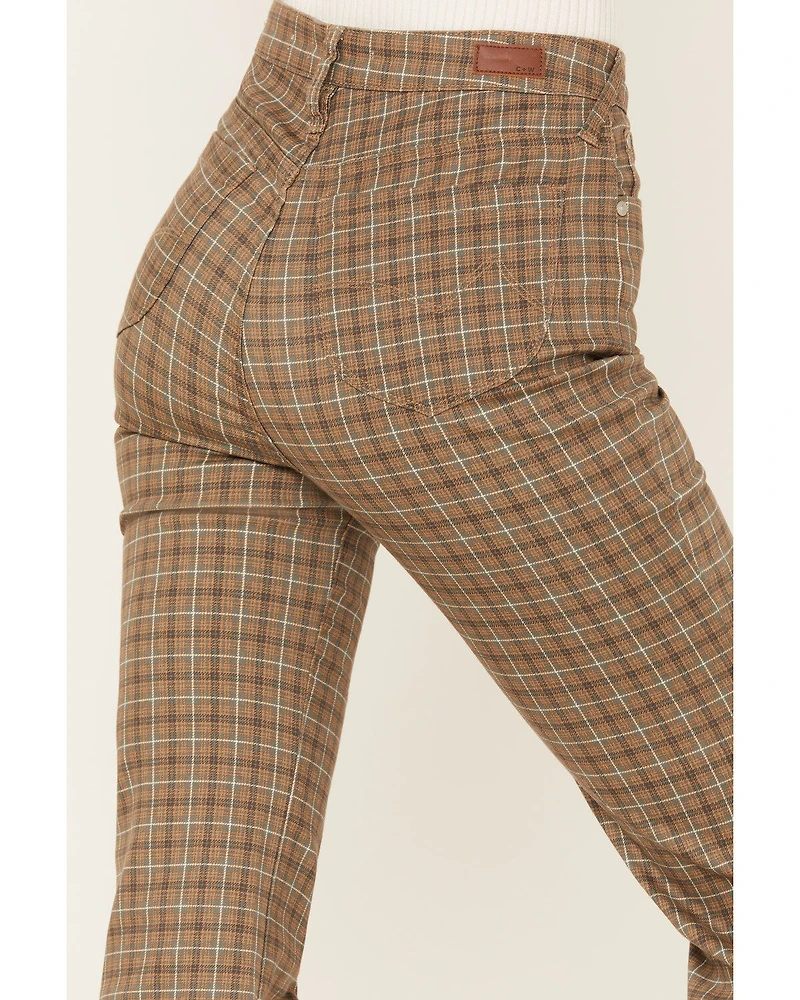Cleo + Wolf Women's High Rise Plaid Print Flare Jeans
