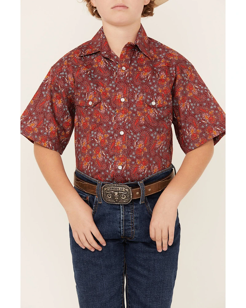 Rock & Roll Denim Boys' Paisley Print Short Sleeve Pearl Snap Stretch Western Shirt