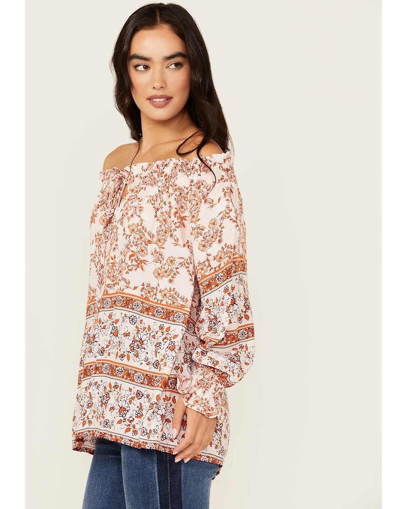 Wild Moss Women's Floral Border Print Off The Shoulder Top