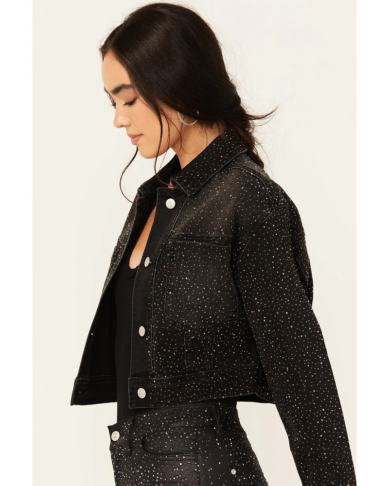 Vibrant Denim Women's Rhinestone Cropped Trucker Jacket