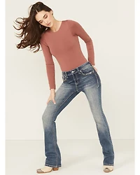Grace LA Women's Medium Wash Mid Rise Embroidered Bootcut Stretch Denim Jeans