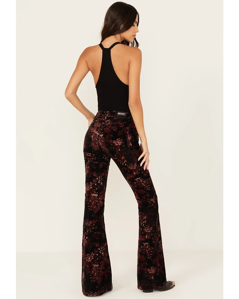 Shyanne Women's Printed Velveteen High Rise Stretch Flare Jeans