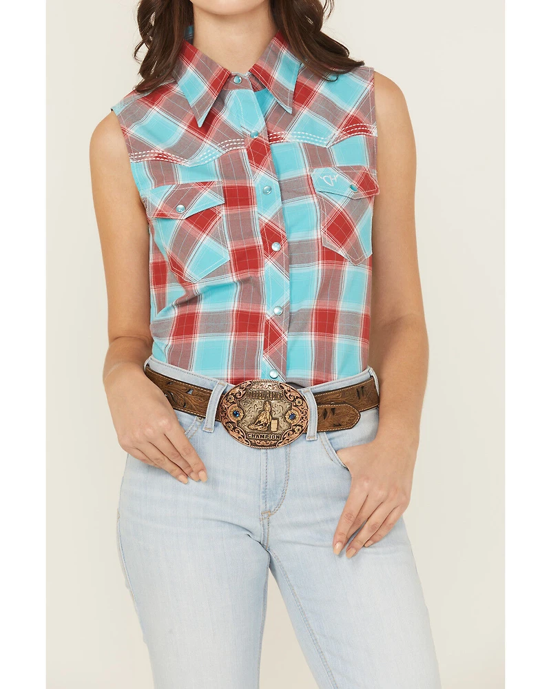 Cowgirl Hardware Women's Plaid Print Sleeveless Snap Stretch Western Shirt