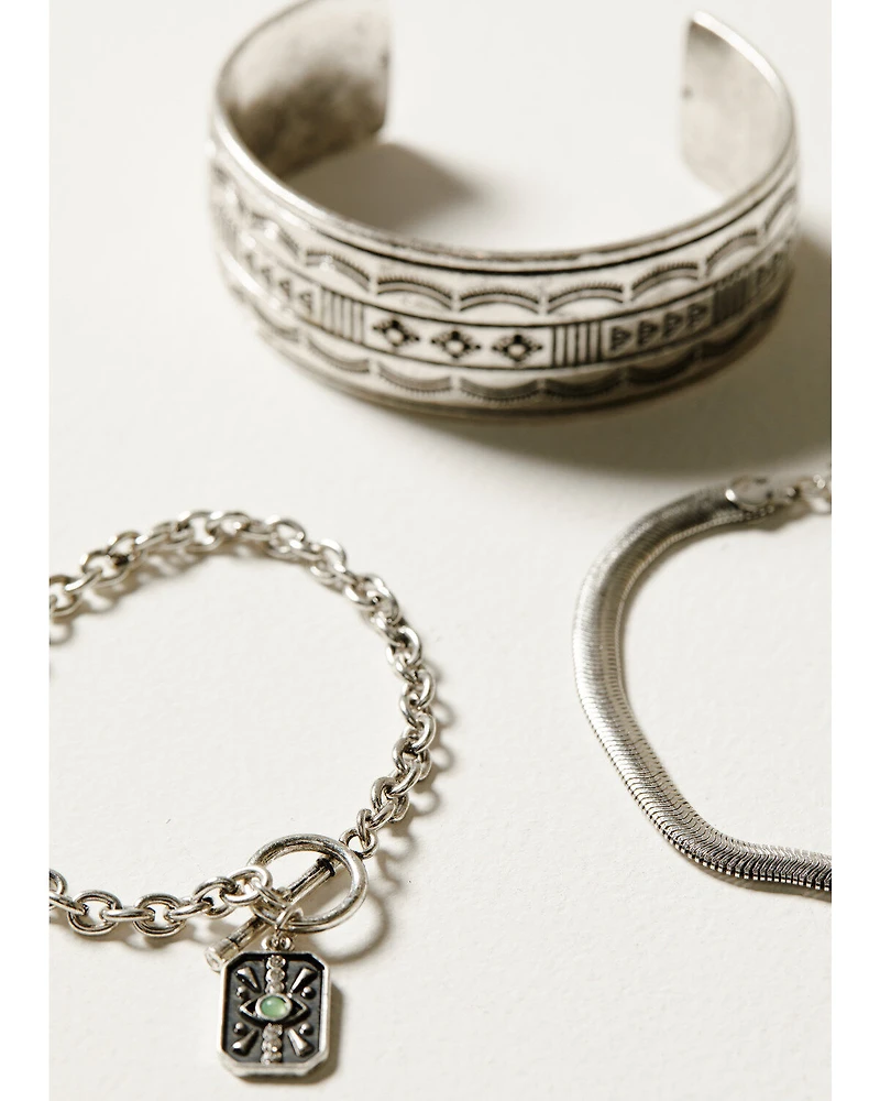Shyanne Women's 3-Piece Silver Wide Cuff Chain & Evil Eye Charm Bracelet Set