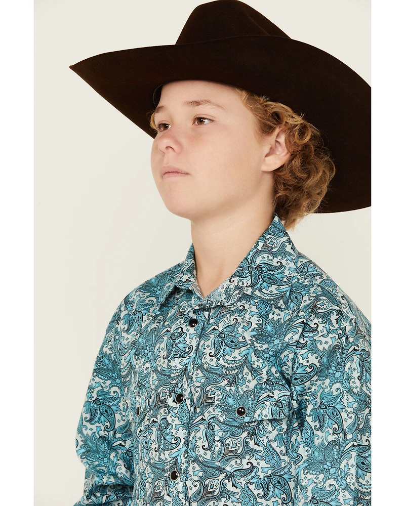 Rock & Roll Denim Boys' Paisley Print Long Sleeve Pearl Snap Stretch Western Shirt