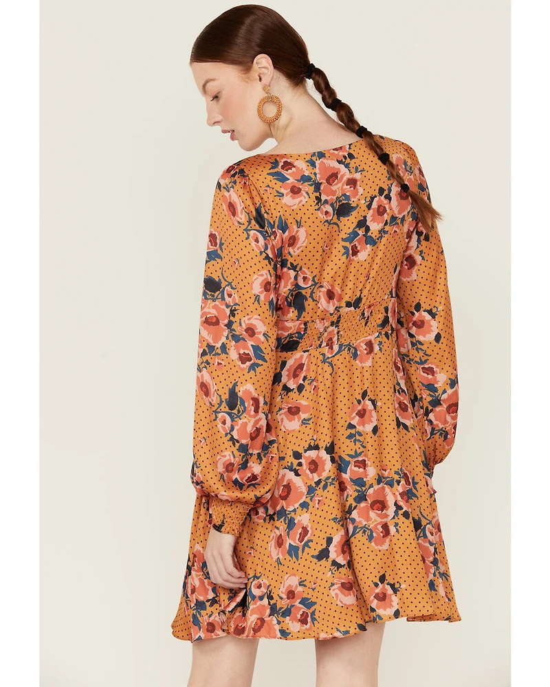 Beyond The Radar Women's Floral Dot Satin Long Sleeve Mini Dress