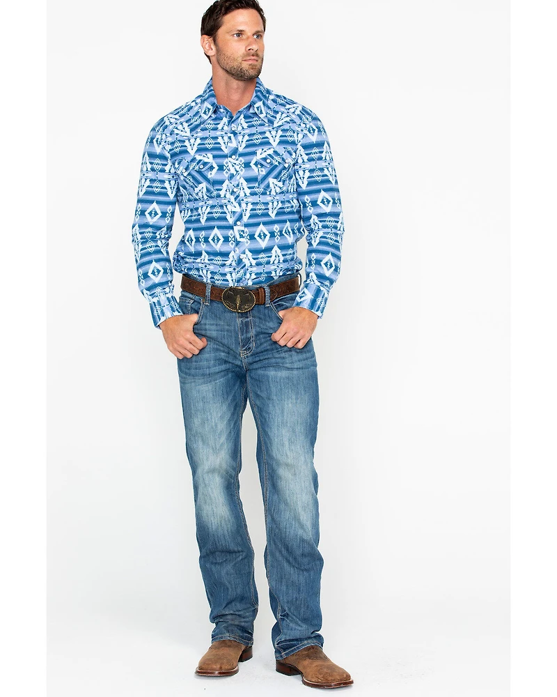 Rock & Roll Denim Men's Striped Southwestern Print Long Sleeve Pearl Snap Western Shirt