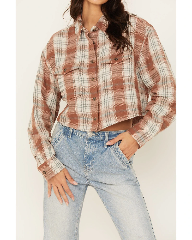 Cleo + Wolf Women's Fall Plaid Print Long Sleeve Cropped Button-Down Shirt