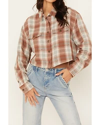 Cleo + Wolf Women's Fall Plaid Print Long Sleeve Cropped Button-Down Shirt
