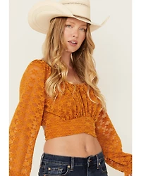 Beyond The Radar Women's Floral Lace Long Sleeve Tie Back Cropped Shirt