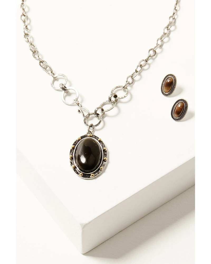 Shyanne Women's Heritage Valley Brown Agate Pendant Jewelry Set - 2 Piece