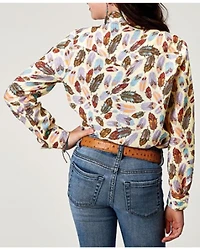 Roper Girls' Feather Print Long Sleeve Snap Western Shirt