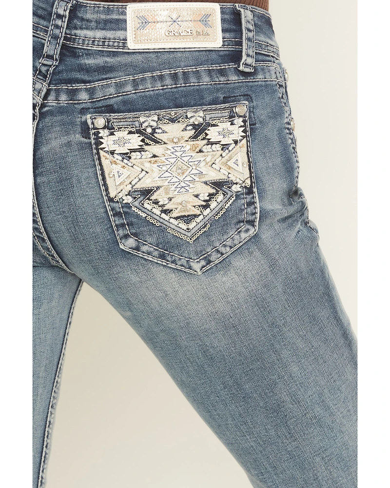 Grace LA Women's Medium Wash Mid Rise Geo Embroidered Bootcut Stretch Denim Jeans