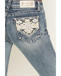 Grace LA Women's Medium Wash Mid Rise Geo Embroidered Bootcut Stretch Denim Jeans
