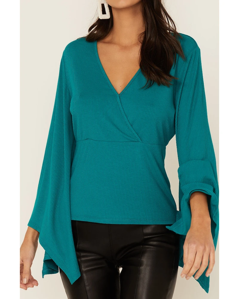 Wrangler Women's Teal Surplice Knit Bell Sleeve Top