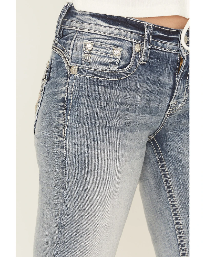 Miss Me Women's Light Wash Mid Rise Floral Embroidered 34" Bootcut Stretch Denim Jeans