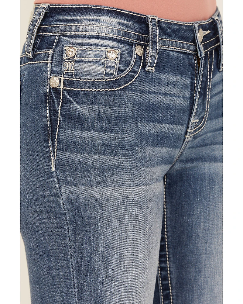 Miss Me Women's Medium Wash Mid Rise Horseshoe Pocket 34" Bootcut Stretch Denim Jeans