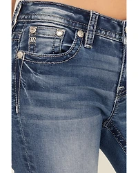 Miss Me Women's Medium Wash Mid Rise Floral Pocket 32" Bootcut Stretch Denim Jeans