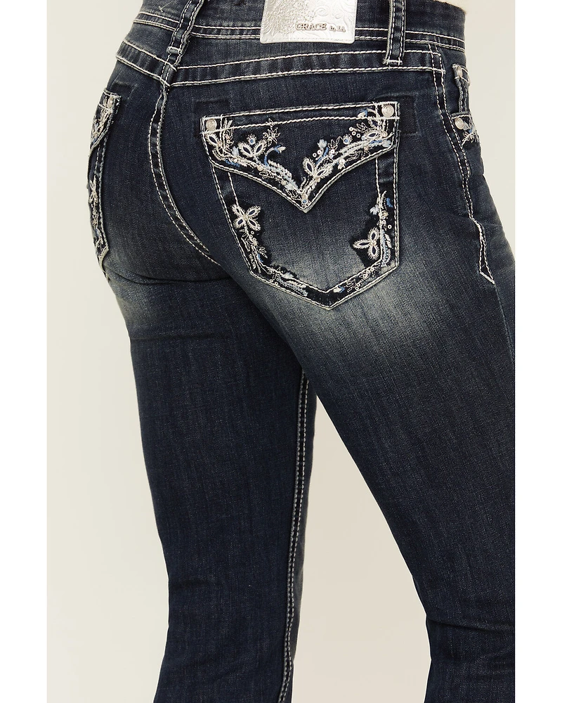 Grace LA Women's Dark Wash Mid Rise Floral Pocket Bootcut Stretch Denim Jeans
