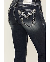 Grace LA Women's Dark Wash Mid Rise Floral Pocket Bootcut Stretch Denim Jeans