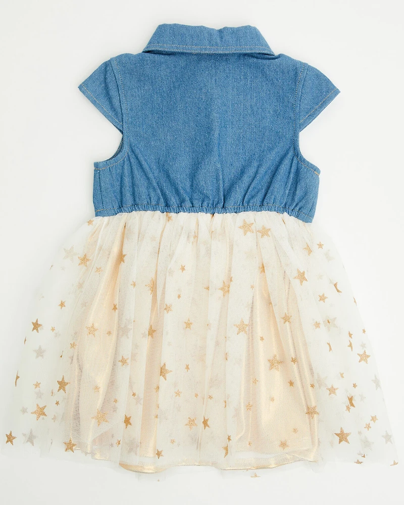 Sugar California Toddler Girls' Denim and Tulle Gold Star Dress
