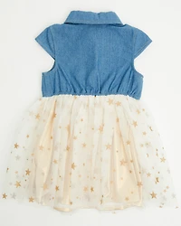 Sugar California Toddler Girls' Denim and Tulle Gold Star Dress