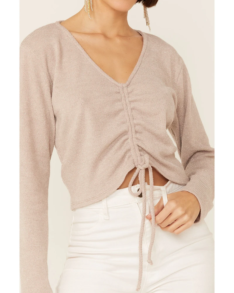 Wild Moss Women's Ribbed Lurex Cinch Front Knit Top