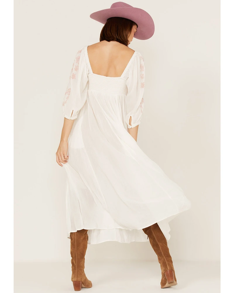 Free People Women's Wedgewood Embroidered Long Puff Sleeve Midi Dress
