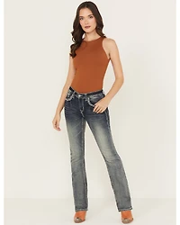 Grace LA Women's Medium Wash Floral Embroidered Mid Rise Bootcut Stretch Denim Jeans