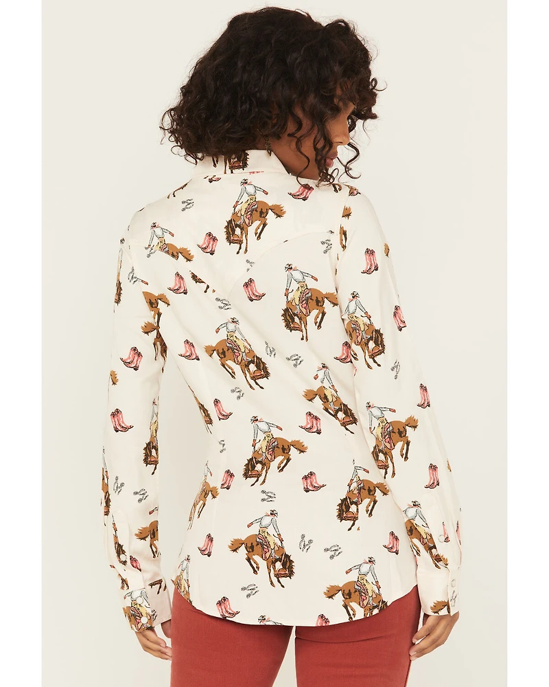 Wrangler Retro Women's Bucking Horse Conversational Print Long Sleeve Snap Western Shirt