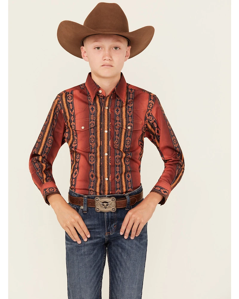 Wrangler Boys' Southwestern Striped Long Sleeve Pearl Snap Western Shirt
