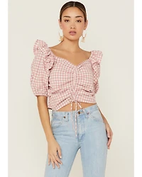 Beyond The Radar Women's Gingham Crop Cinch Detail Top