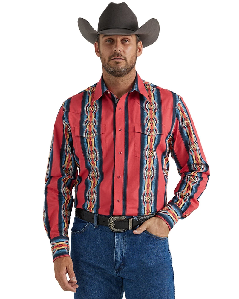 Wrangler Men's Checotah Southwestern Striped Print Long Sleeve Pearl Snap Western Shirt - Tall
