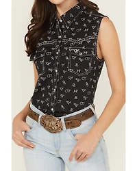 Cowgirl Hardware Women's Branded Print Sleeveless Rhinestone Snap Stretch Western Shirt