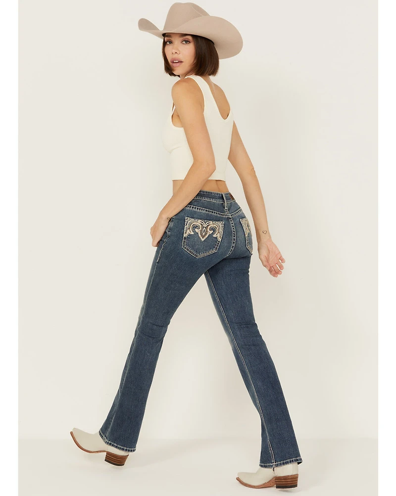 Rock & Roll Denim Women's Medium Wash Mid Rise Leather Embroidered Bootcut Stretch Jeans