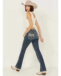 Rock & Roll Denim Women's Medium Wash Mid Rise Leather Embroidered Bootcut Stretch Jeans